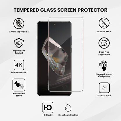 A clear tempered glass screen protector for all OnePlus smartphones, displayed over a white background with all features written along.