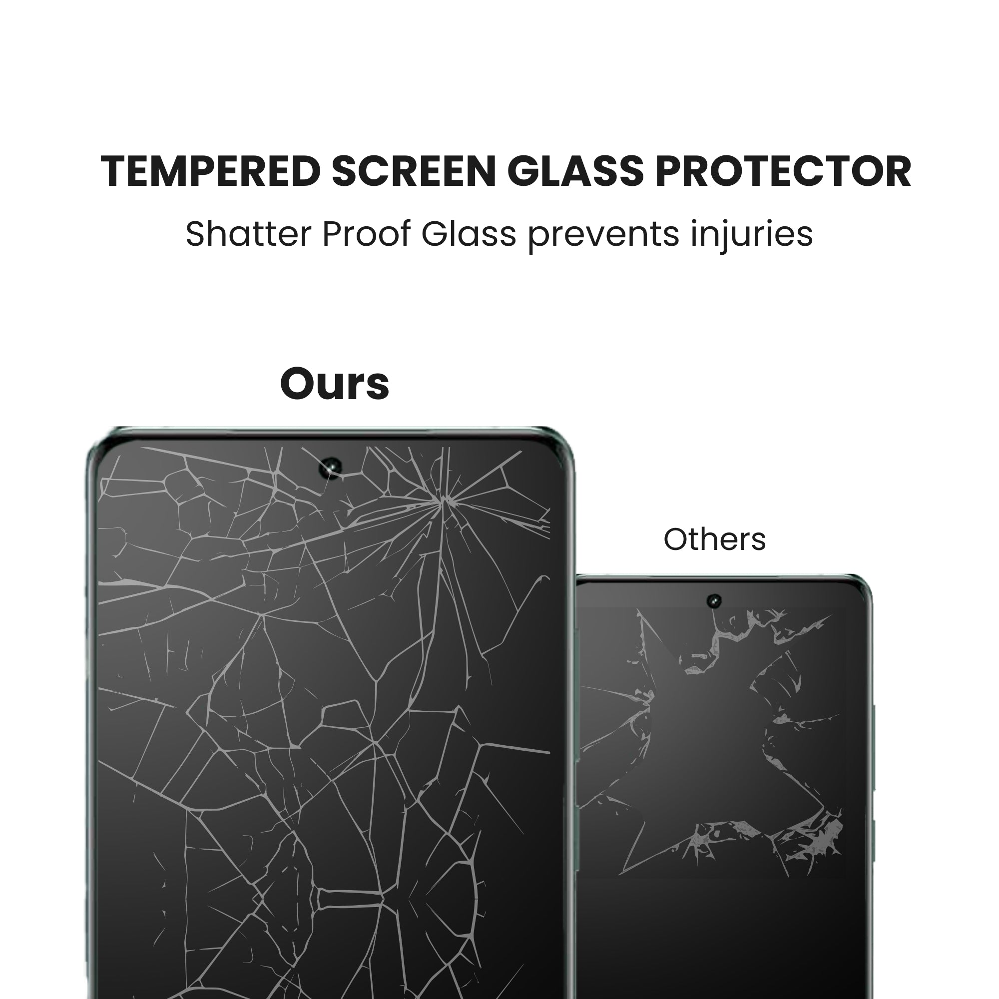 A clear tempered glass screen protector for all OnePlus smartphones with shatterproof glass, displayed over a white background.