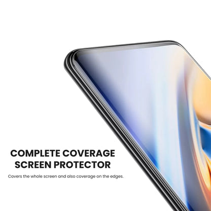 A clear tempered glass screen protector for all OnePlus smartphones with complete screen coverage, displayed over a white background.