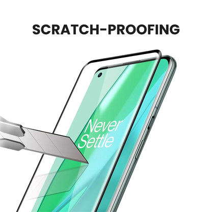 A clear tempered glass screen protector for all OnePlus smartphones with scratch proof screen, displayed over a white background.