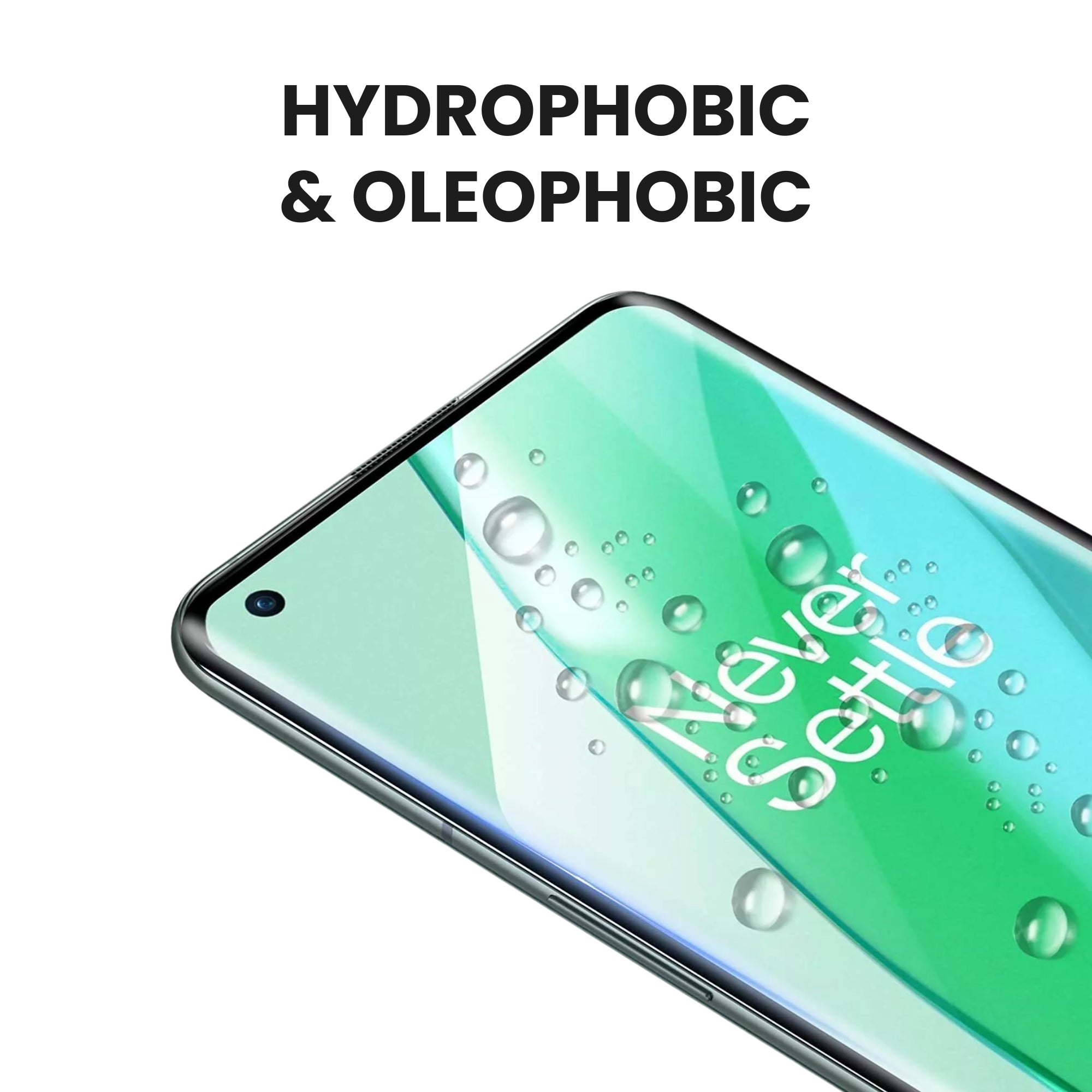 A clear tempered glass screen protector for all OnePlus smartphones with hydrophobic and oleophobic coating, displayed over a white background.
