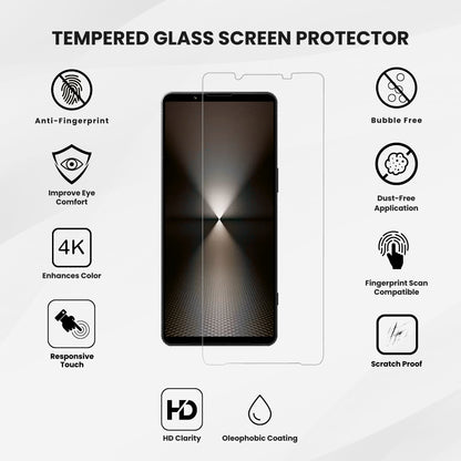 A clear tempered glass screen protector for all Sony smartphone models with all features, displayed over a plain background.