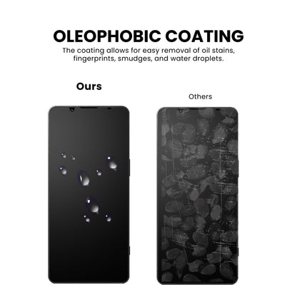 A clear tempered glass screen protector for all Sony smartphone models with oleophobic coating, displayed over a plain background.