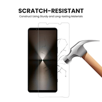 A clear tempered glass screen protector for all Sony smartphone models with scratch resistant screen, displayed over a plain background.