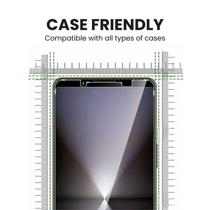 A clear tempered glass screen protector for all Sony smartphone models with case friendly fitting, displayed over a plain background.
