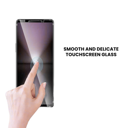 A clear tempered glass screen protector for all Sony smartphone models, displayed over a plain background.