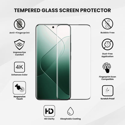 A clear tempered glass screen protector for all Xiaomi smartphones with all protection features written, shown over a plain background.