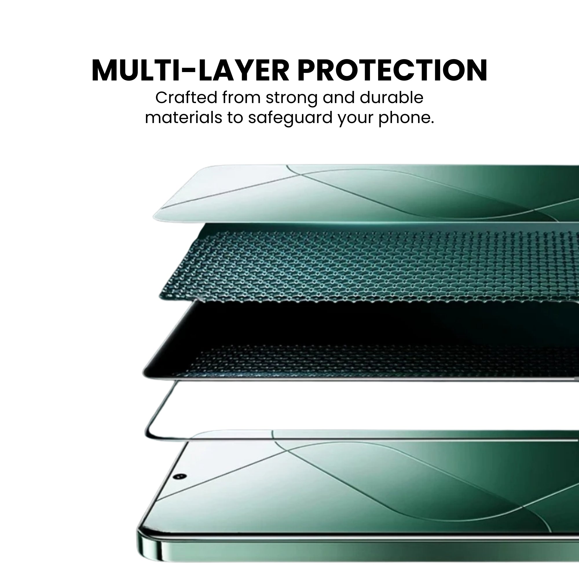 A clear tempered glass screen protector for all Xiaomi smartphones with multilayer protection, shown over a plain background.