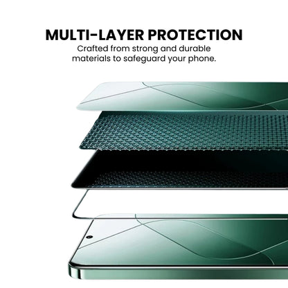 A clear tempered glass screen protector for all Xiaomi smartphones with multilayer protection, shown over a plain background.