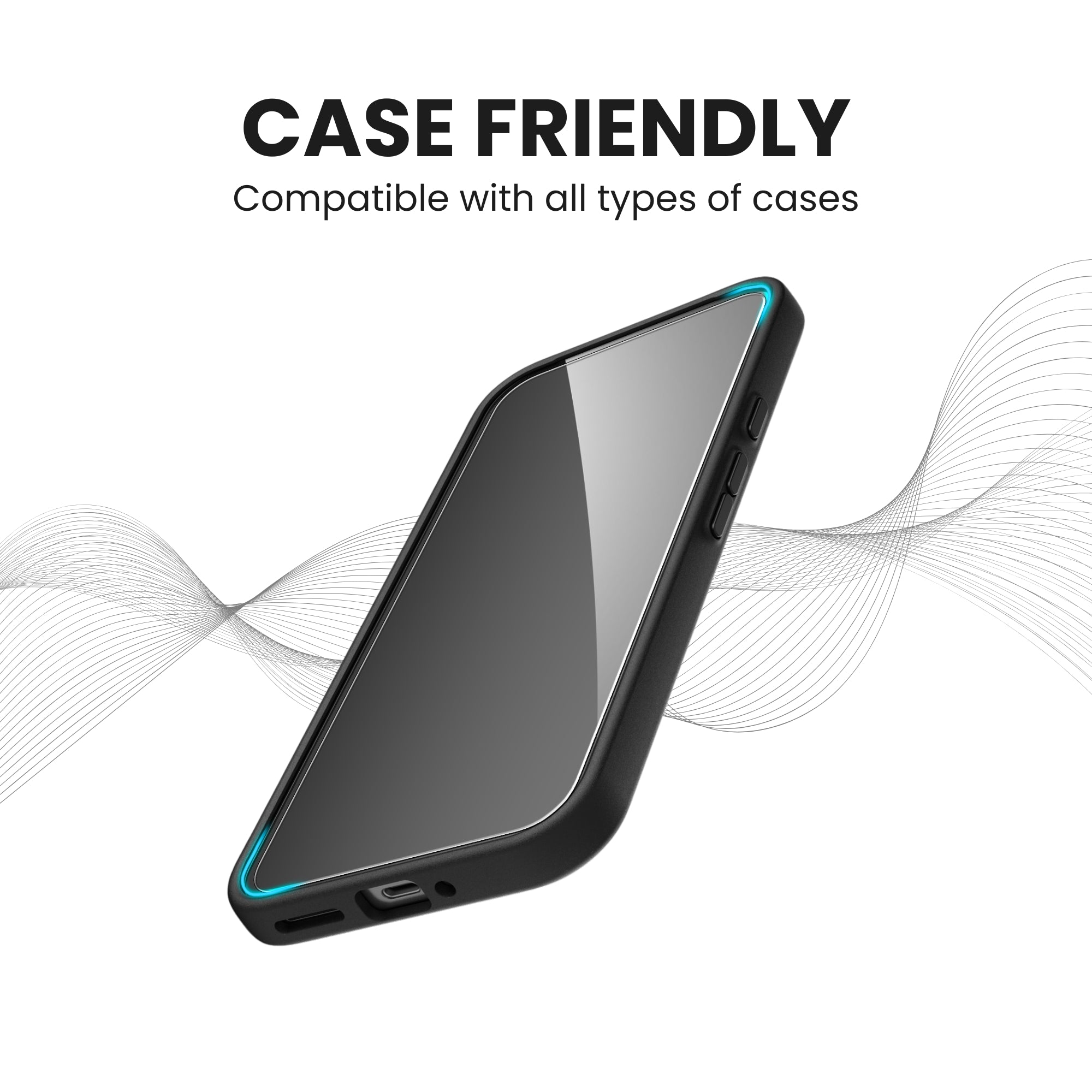 A clear tempered glass screen protector for all Xiaomi smartphones with case friendly fitting, shown over a plain background.