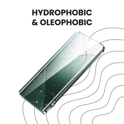 A clear tempered glass screen protector for all Xiaomi smartphones with hydrophobic and oleophobic coating, shown over a plain background.