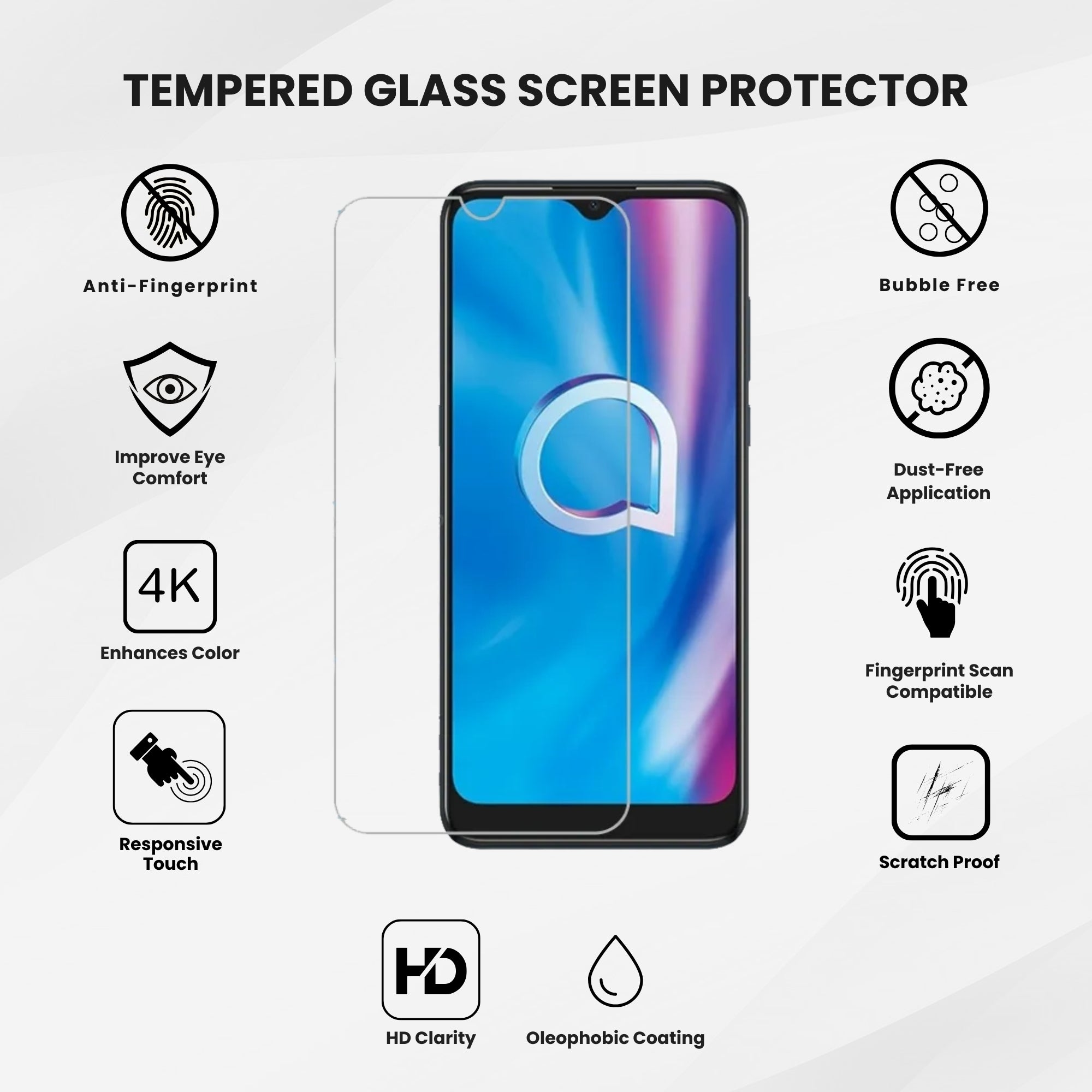 A tempered glass screen protector for Alcatel smartphones.