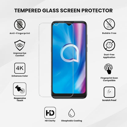 A tempered glass screen protector for Alcatel smartphones.