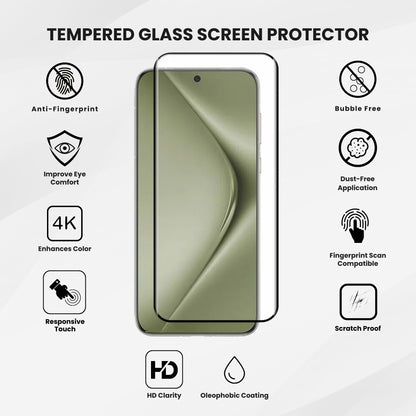 A clear tempered glass screen protector for all Huawei smartphone models, displayed over a white background showing all features.