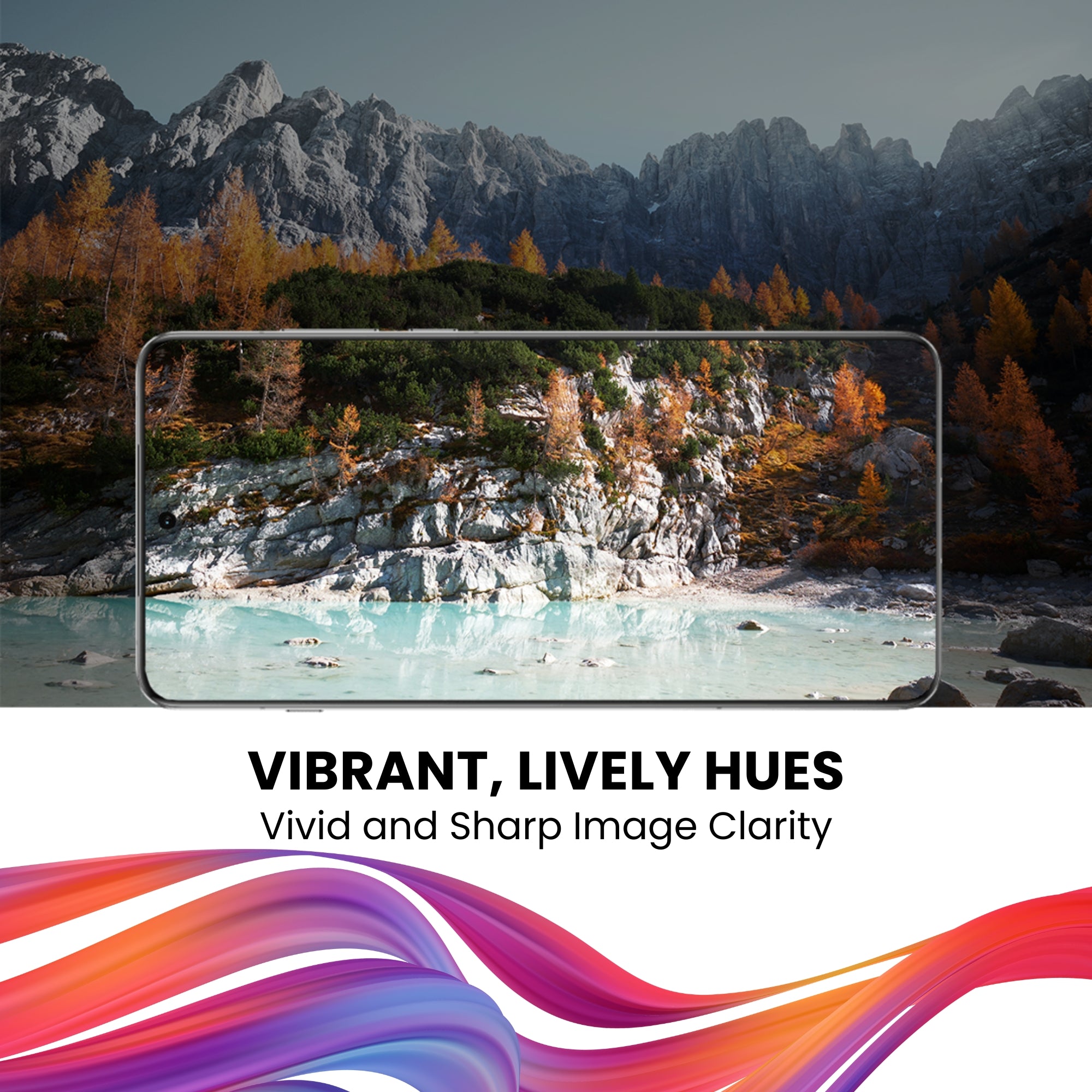 A clear tempered glass screen protector for all Huawei smartphone models, displayed over a beautiful wallpaper in the background.