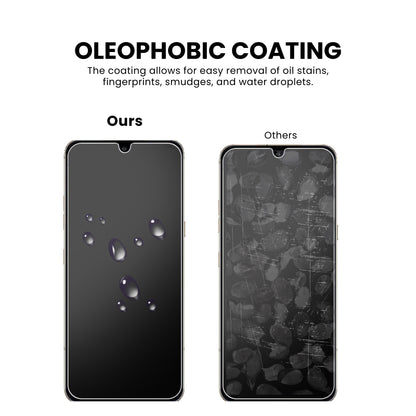 A clear tempered glass screen protector for all LG smartphone models, displaying oleophobic coating in ours and others screen protector.