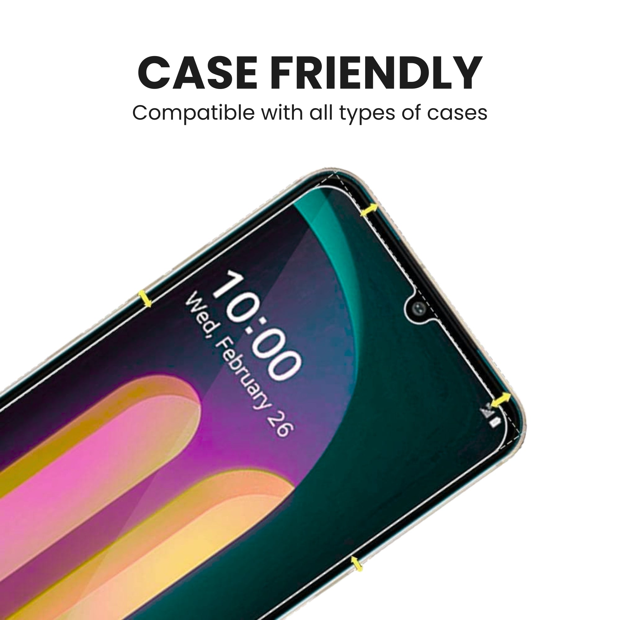 A clear tempered glass screen protector for all LG smartphone models, showing case friendly protector.