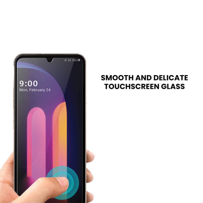 A clear tempered glass screen protector for all LG smartphone models, indicating smooth and delicate touchscreen after the protector is applied.