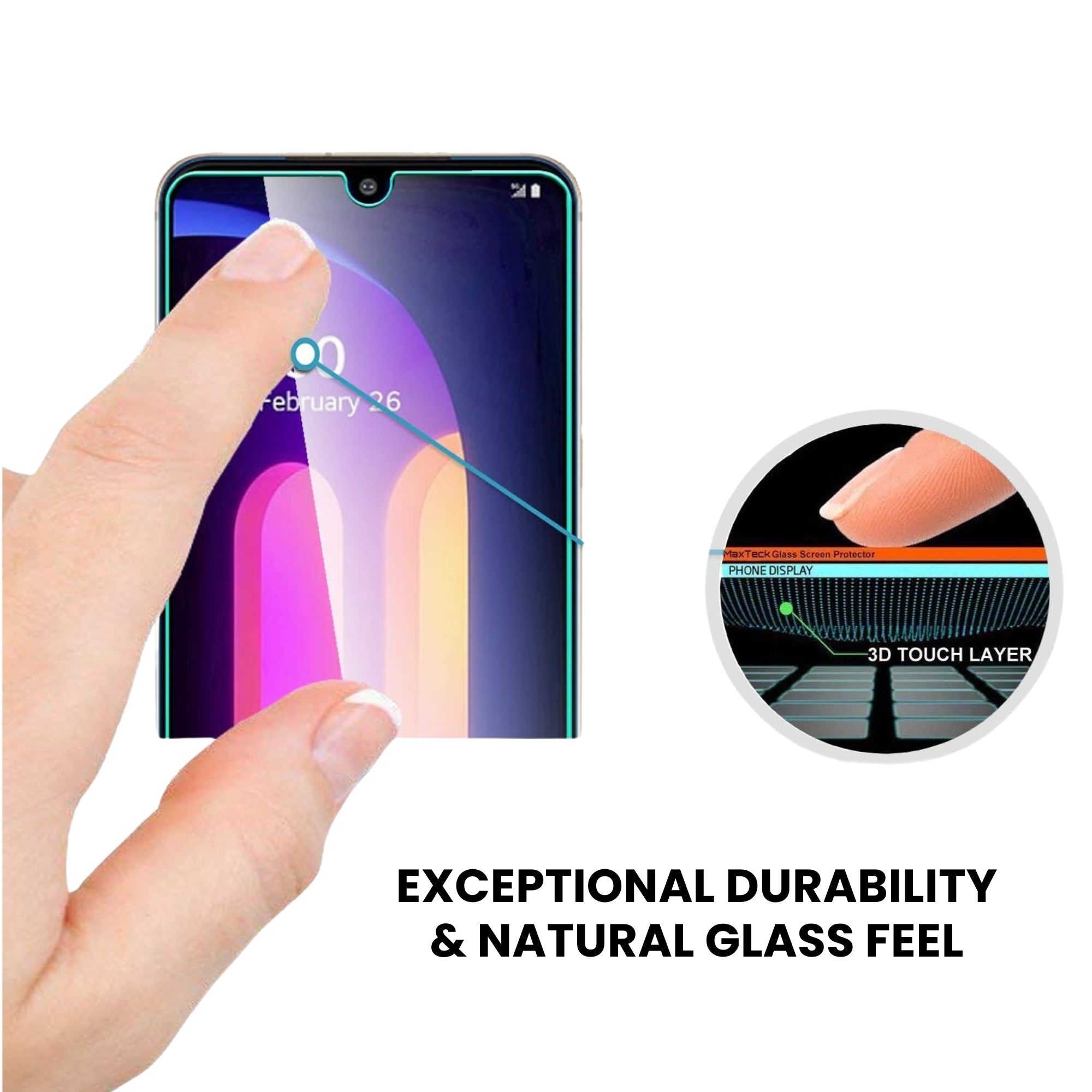 A clear tempered glass screen protector for all LG smartphone models, indicating exceptional durability and natural glass feel.