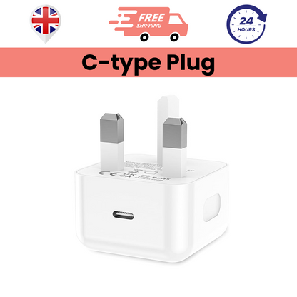 A white Type C Plug 20W charger with a UK power socket.