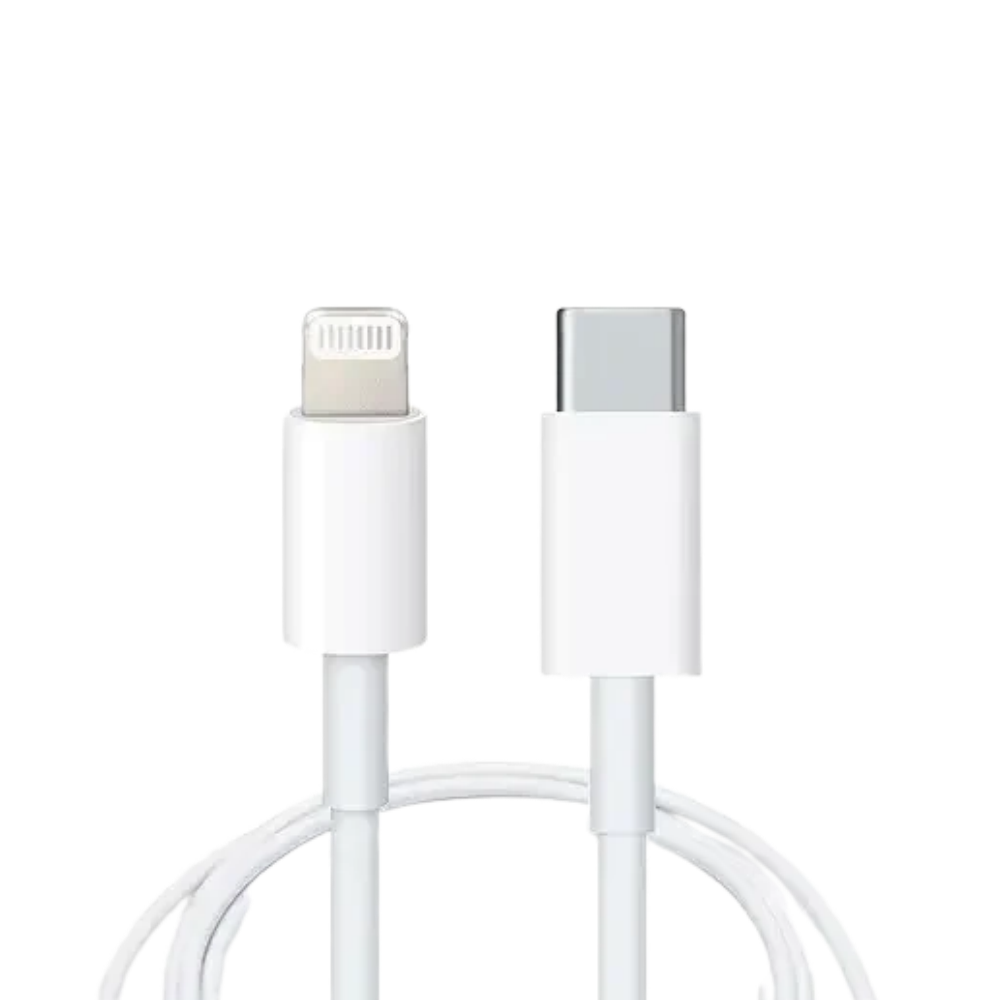 A white Type-C to Lightning cable, indicating compatibility with various iPhone models and iPads.