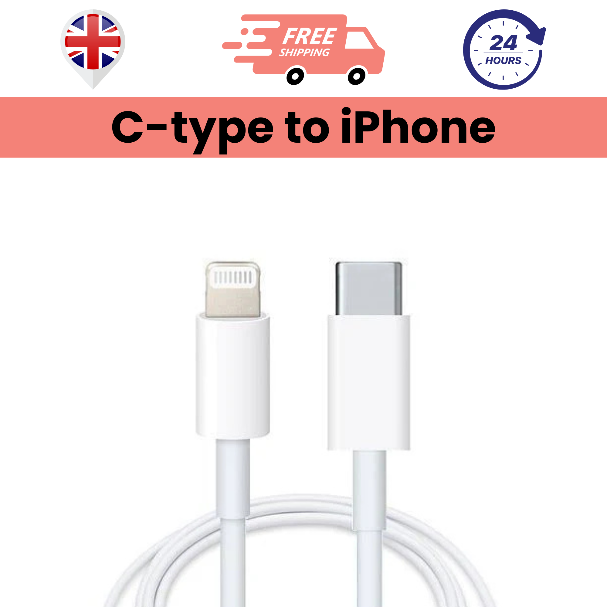 A white Type-C to Lightning cable, indicating compatibility with various iPhone models and iPads.