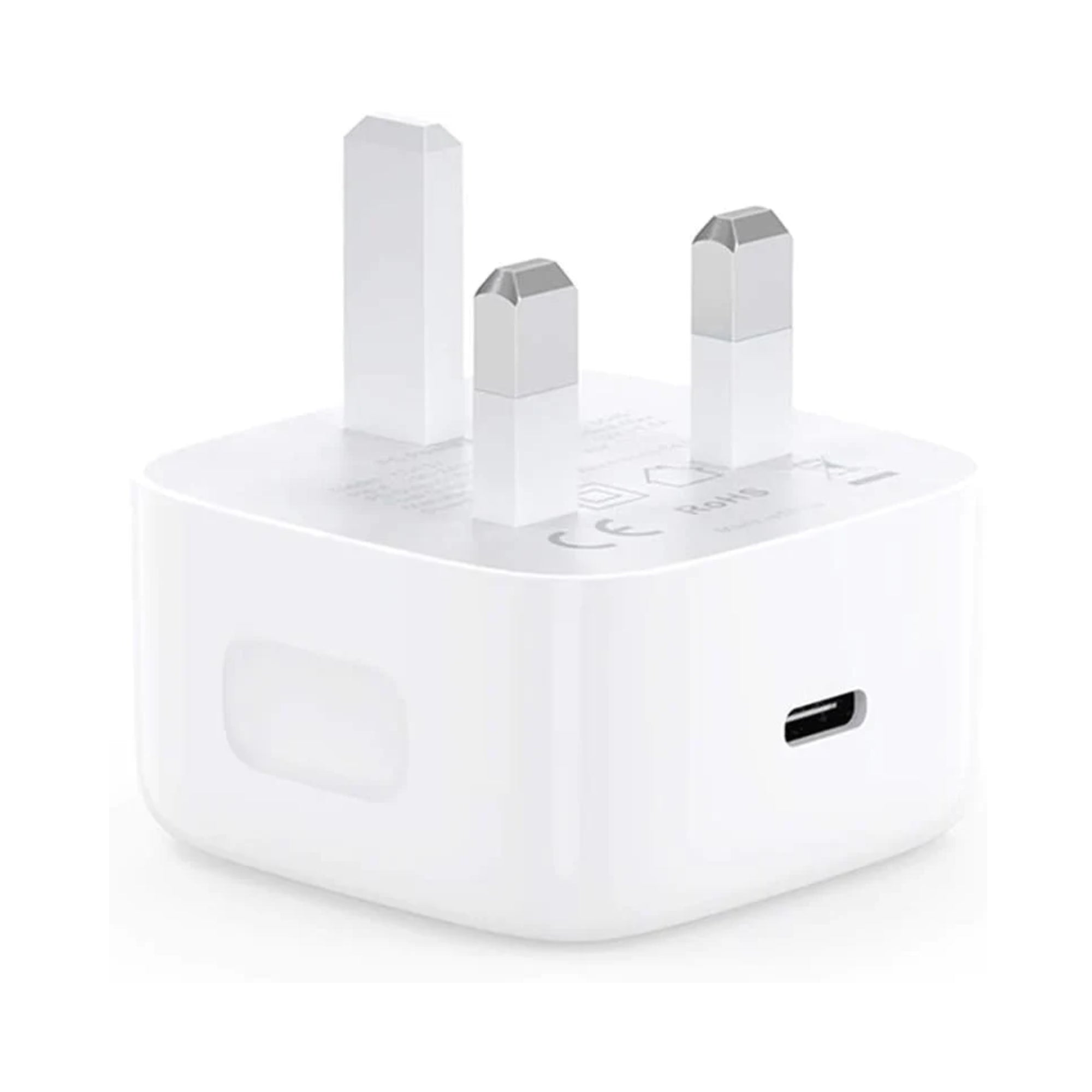 A white Type C plug with British plug points and a USB Type C port on the front.