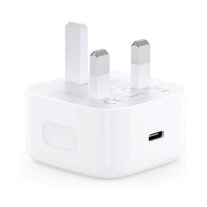 A white Type C plug with British plug points and a USB Type C port on the front.