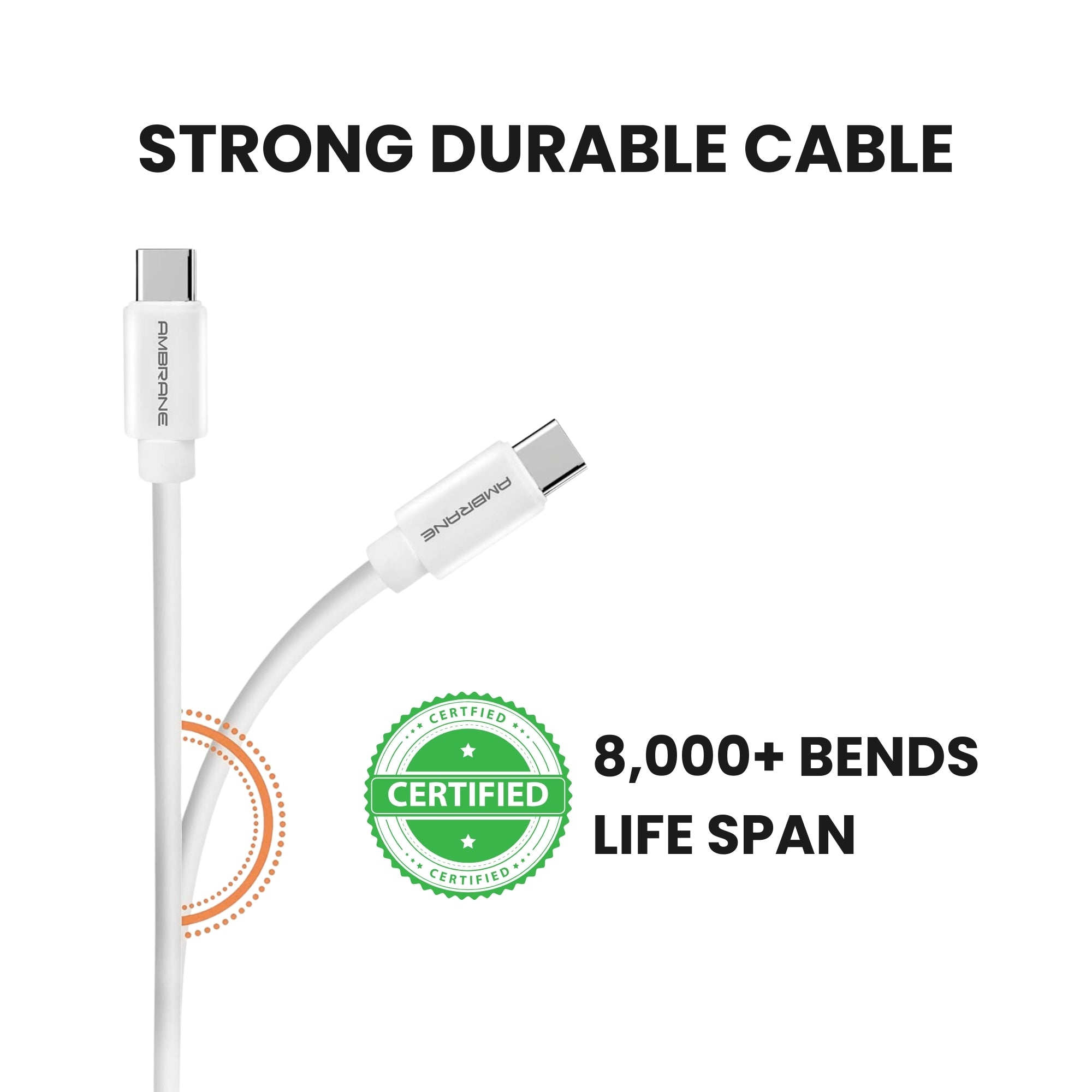 Strong durable with 8000+ bend test certified, Type C USB To USB Charging Cable.