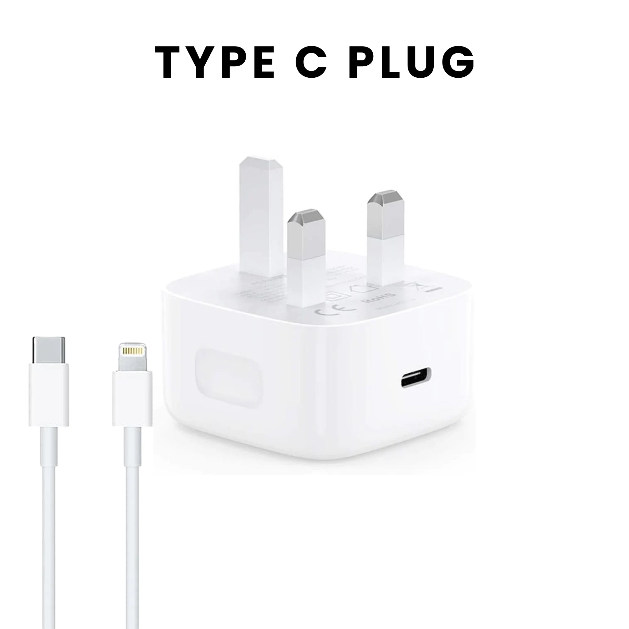 A white Type C plug with British plug points and a USB Type C port on the front with Type C to iPhone cable.