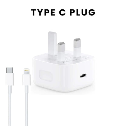 A white Type C plug with British plug points and a USB Type C port on the front with Type C to iPhone cable.