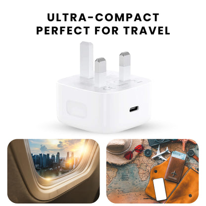 A white Type C plug with British plug points and a USB Type C port on the front, perfect for travel.