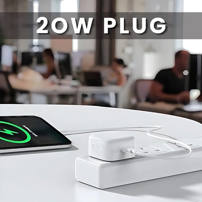 A 20W Type C plug with British plug points and a USB Type C port on the front.