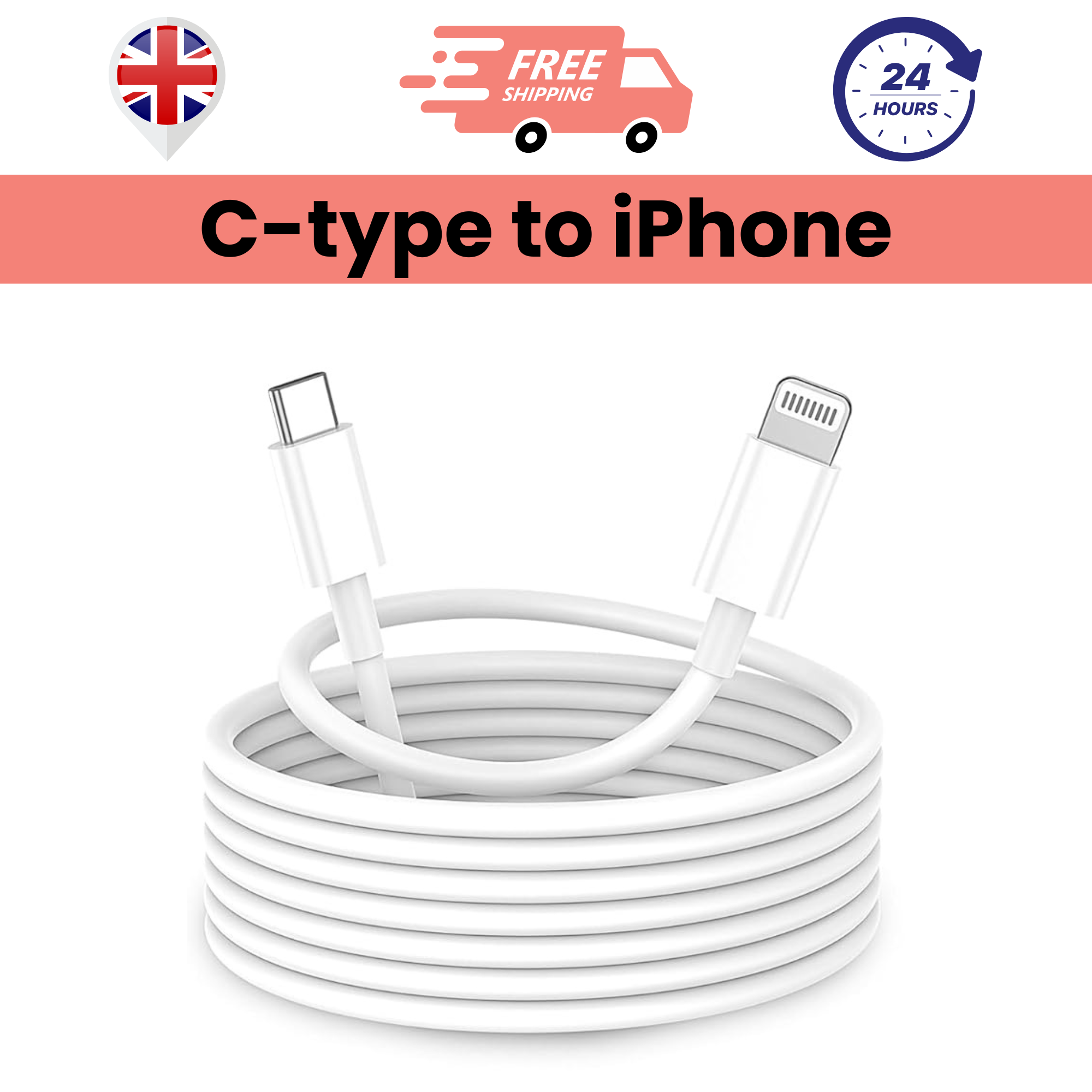 A white USB C to Lightning cable coiled and presented against a white background with a graphic indicating free shipping and a 24-hour service.