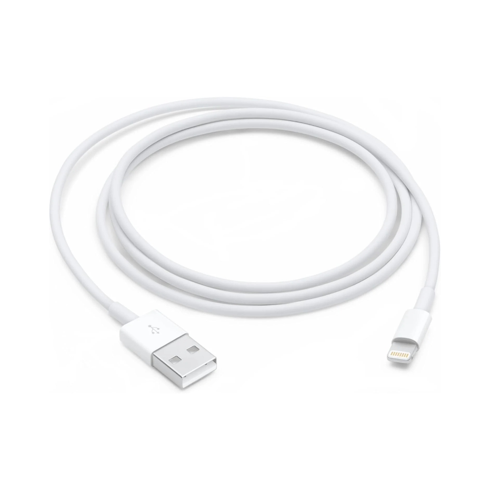 A white USB to Lightning cable, indicating compatibility with various iPhone models and possibly iPad and iPod devices.