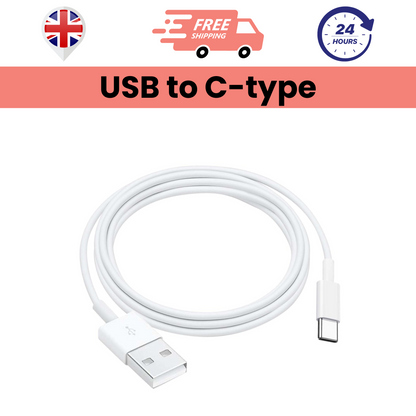 A white USB to Type-C cable against a plain background, with graphic elements indicating free shipping and 24-hour service.