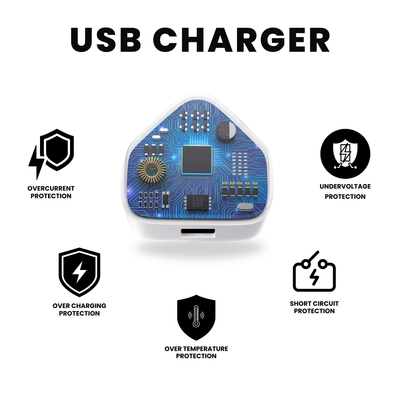 USB plug chargers in white color with all its features written along.