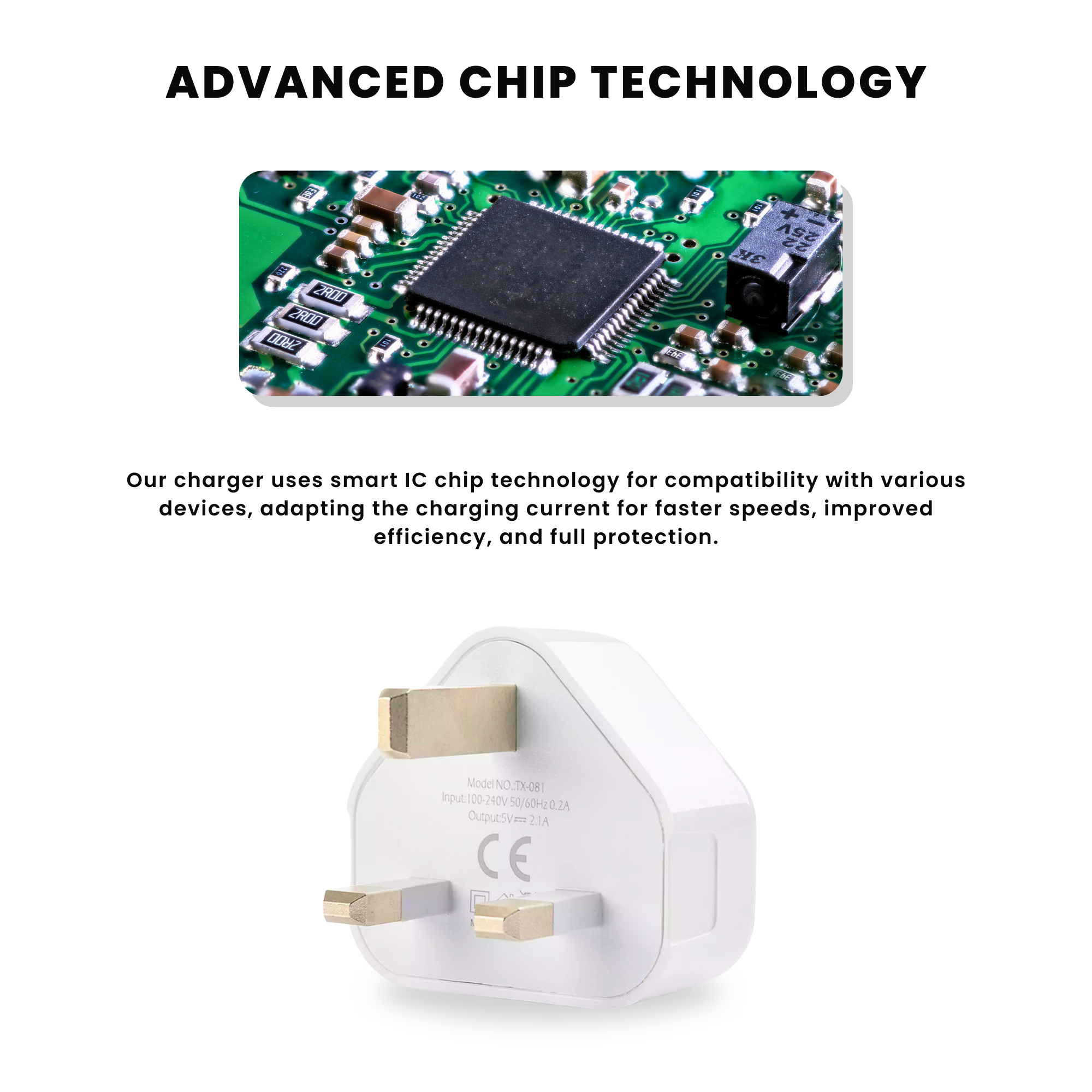 USB plug charger in white color with advanced chip technology.