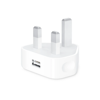 A white USB plug with a 3-pin mains connector.