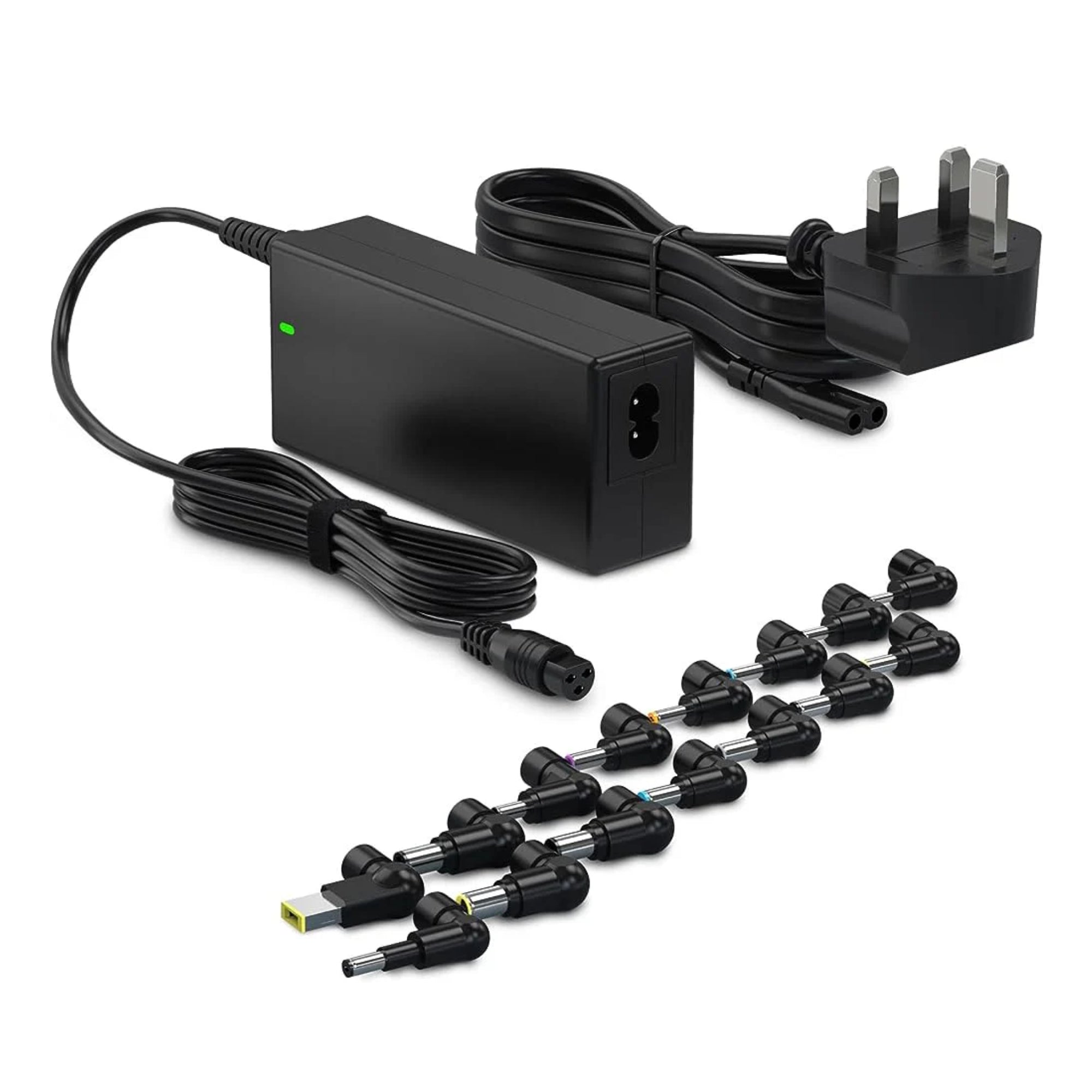 A black universal laptop charger with interchangeable connectors and multiple USB ports, alongside a UK power cable.