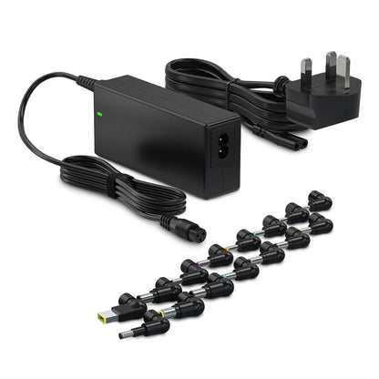 A black universal laptop charger with interchangeable connectors and multiple USB ports, alongside a UK power cable.