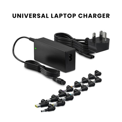 A black universal laptop charger with interchangeable connectors and multiple USB ports, alongside a UK power cable.