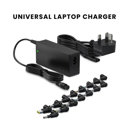 A black universal laptop charger with interchangeable connectors and multiple USB ports, alongside a UK power cable.