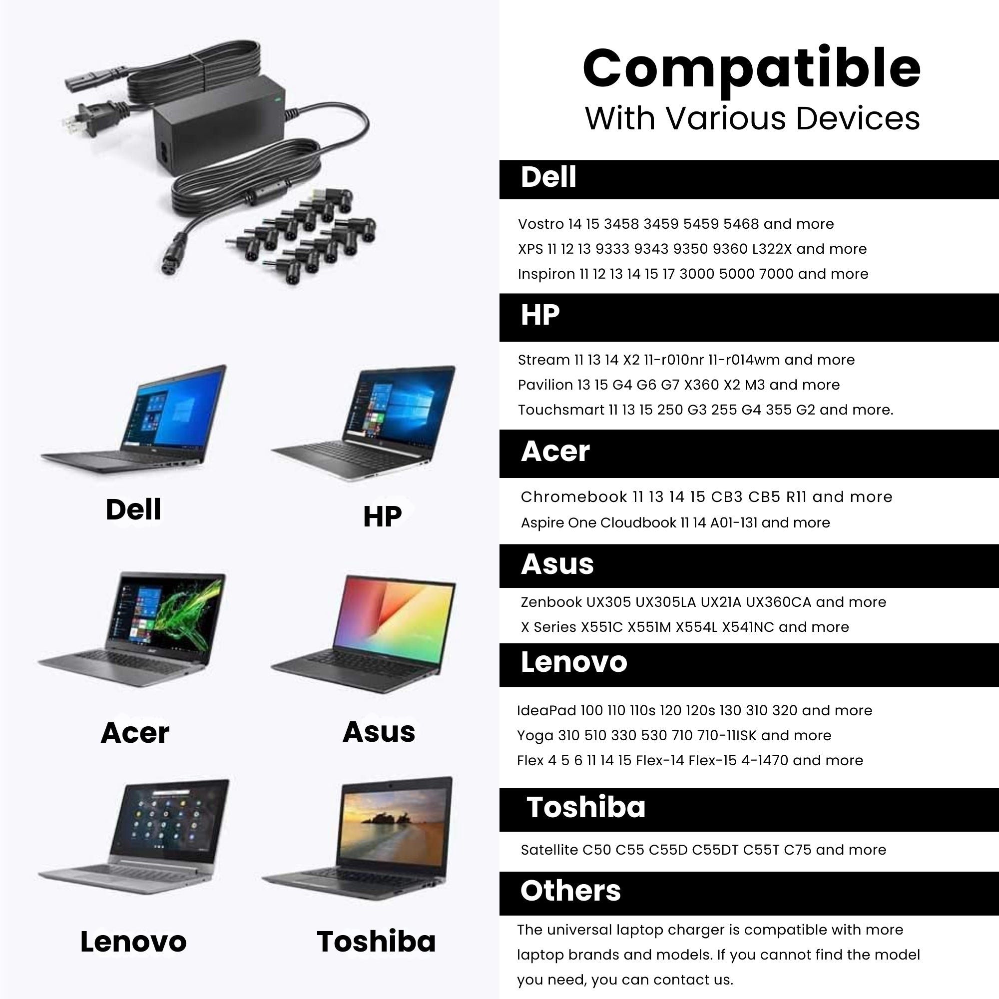 A black universal laptop charger with interchangeable connectors and multiple USB ports, alongside a UK power cable with compatible devices.