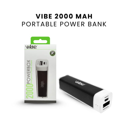 A VIBE 2000 mAh Portable Power Bank with black and white casing, showing USB ports.
