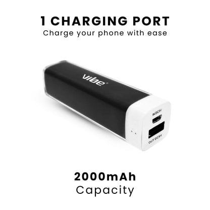 A VIBE 2000 mAh Portable Power Bank with black and white casing, showing USB ports.