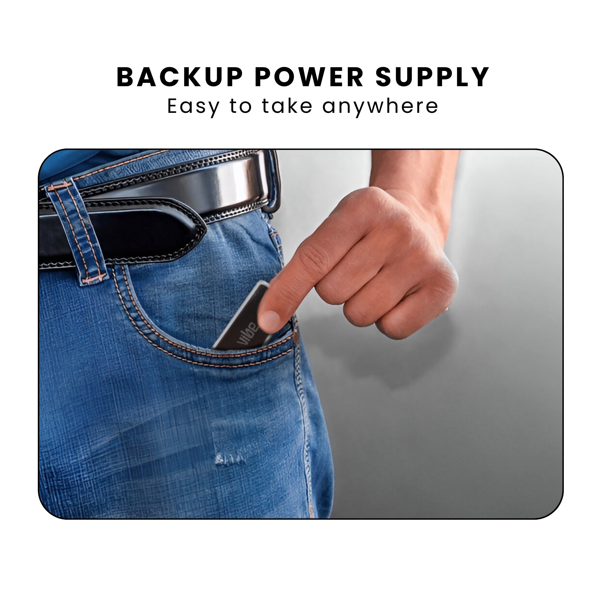 A VIBE 2000 mAh Portable Power Bank with black and white casing, showing pocket sized, easy to take anywhere.