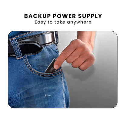 A VIBE 2000 mAh Portable Power Bank with black and white casing, showing pocket sized, easy to take anywhere.