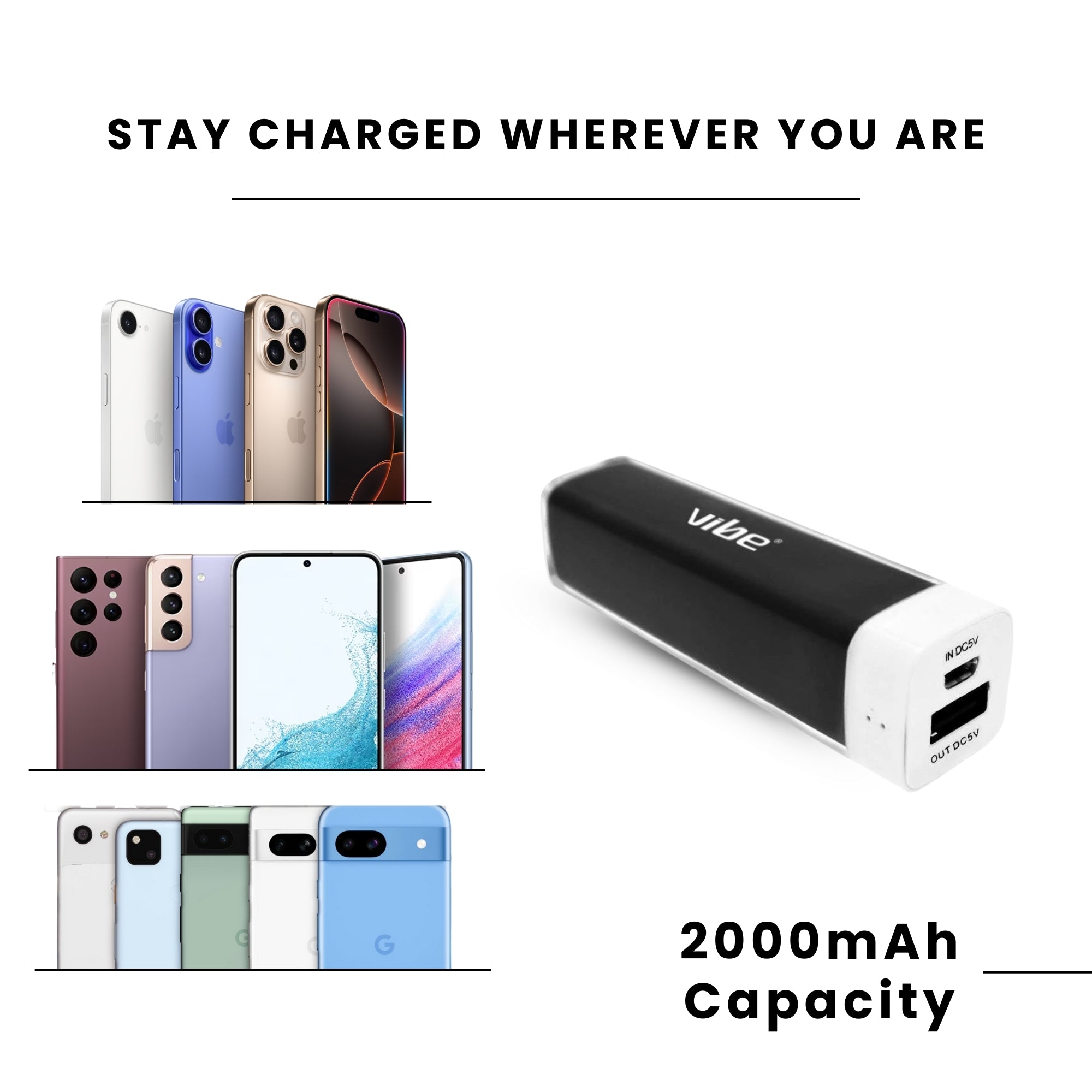 A VIBE 2000 mAh Portable Power Bank with black and white casing, showing USB ports and all compatible devices.