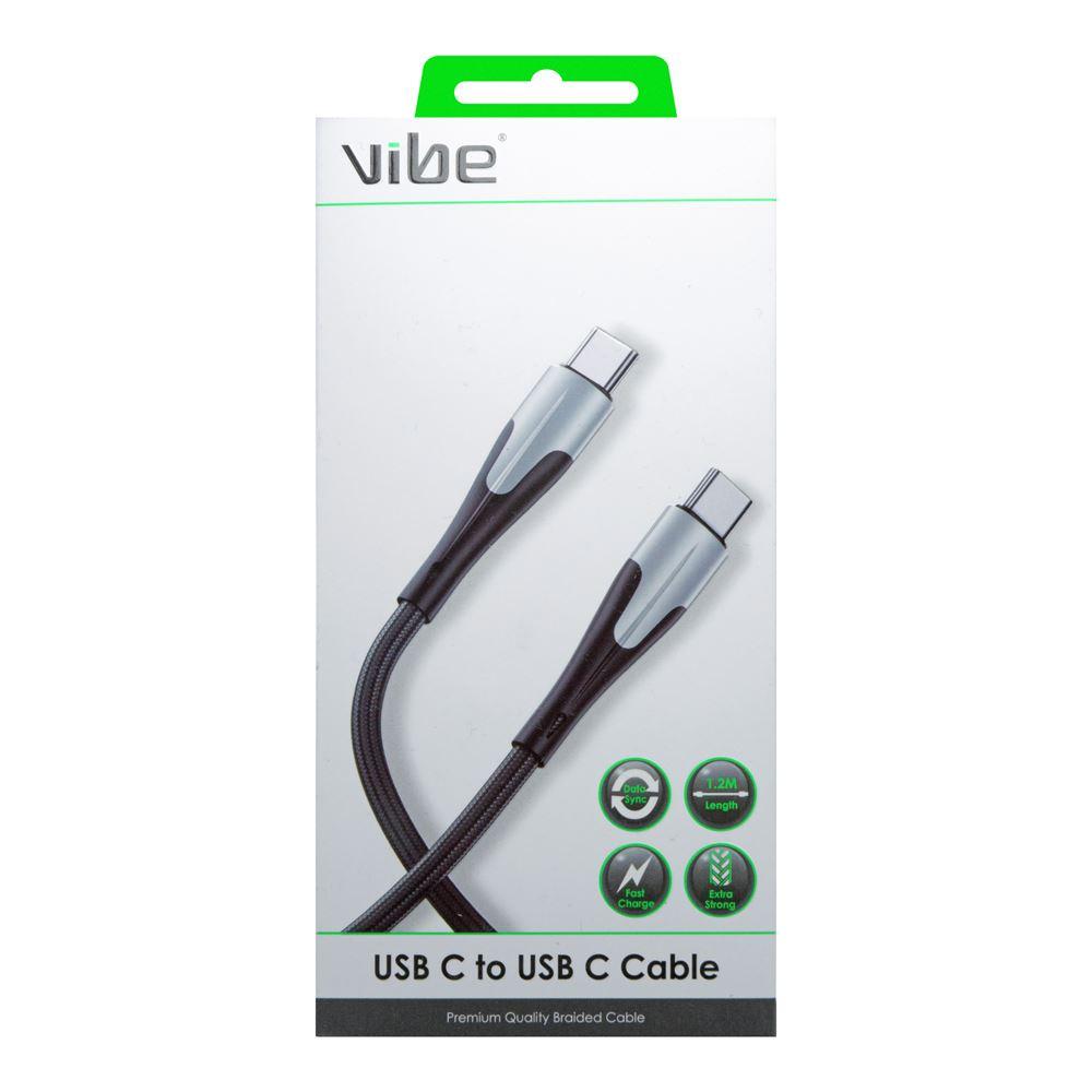 Packaging of Vibe Fast Charging Type C to Type C Cable, displaying the cable and its compatible devices.